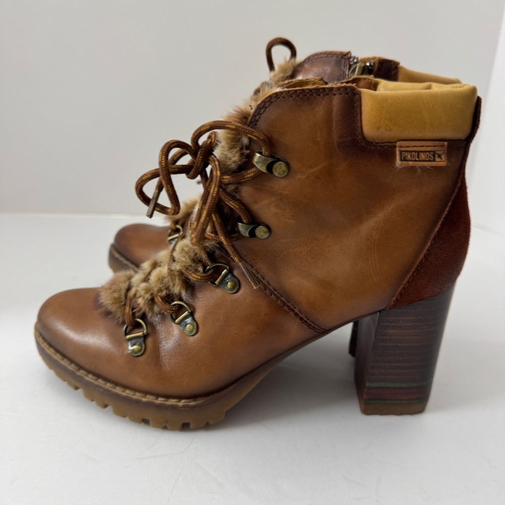 Pikolinos Womens leather lace-up ankle boots heels faux fur brown sz 38 - Picture 12 of 13